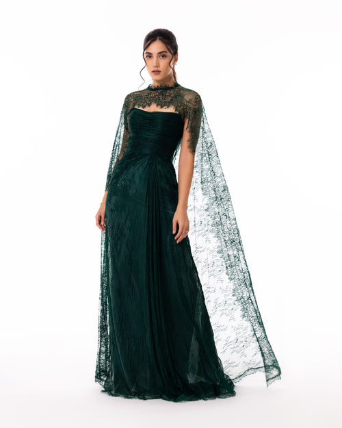 Emerald Green Lace Cape Evening Gown