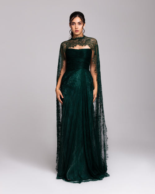 Emerald Green Lace Cape Evening Gown