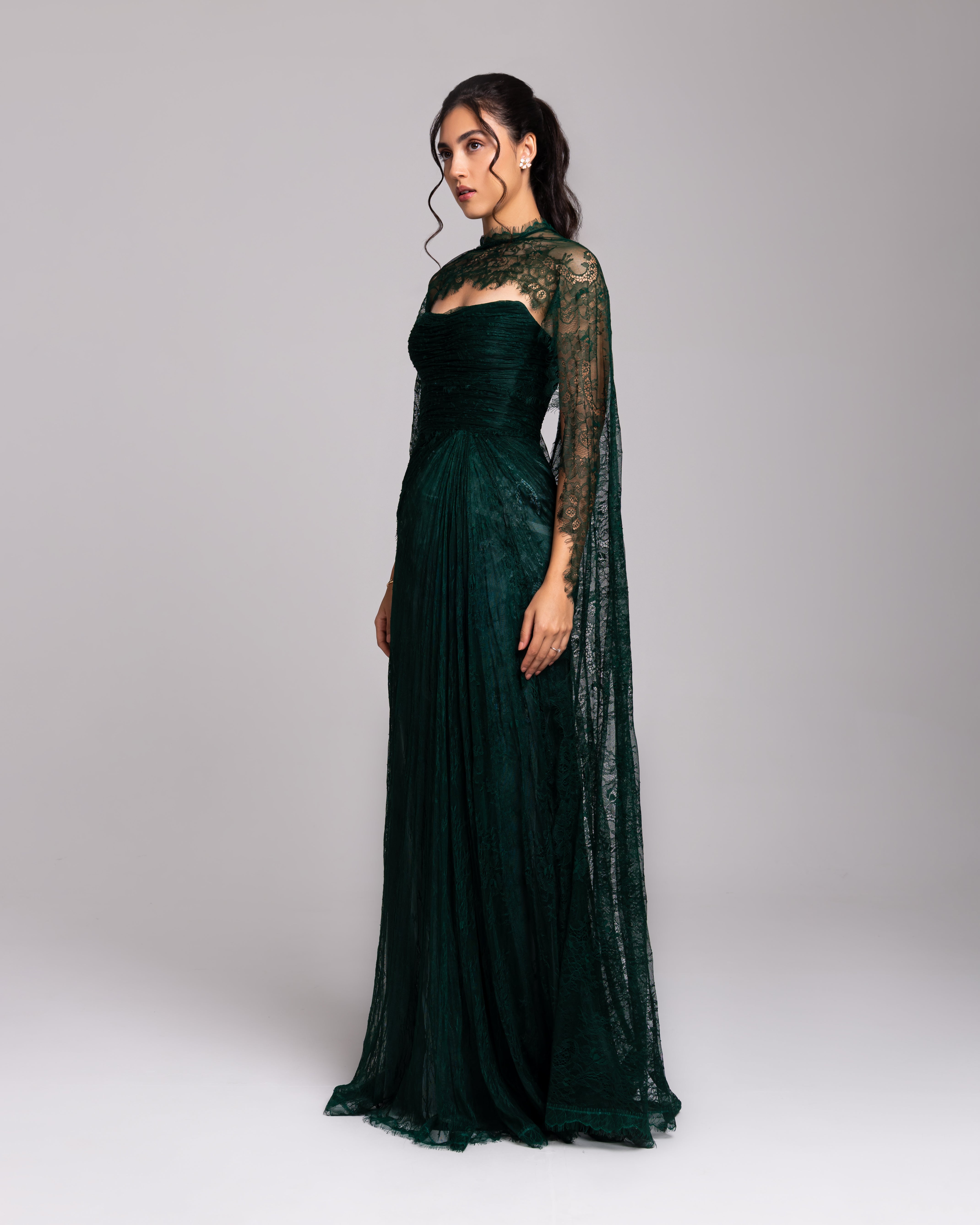 Emerald Green Lace Cape Evening Gown