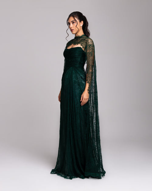 Emerald Green Lace Cape Evening Gown