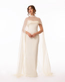 Ivory Cape Column Evening Gown
