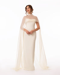 Ivory Cape Column Evening Gown