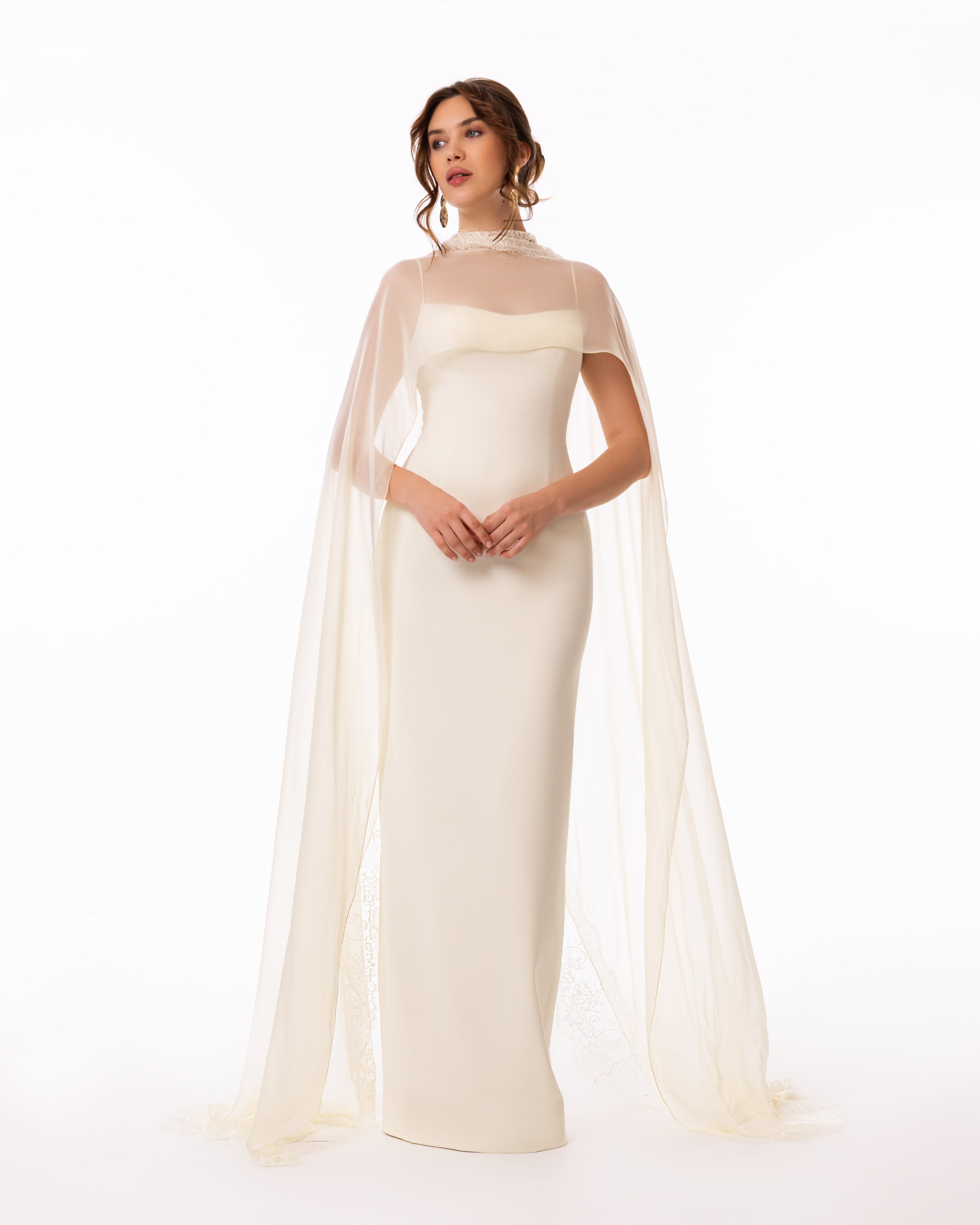 Ivory Cape Column Evening Gown