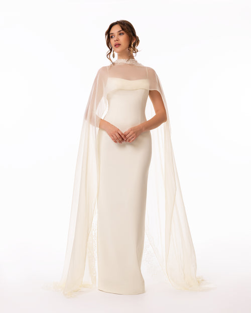 Ivory Cape Column Evening Gown