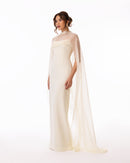 Ivory Cape Column Evening Gown