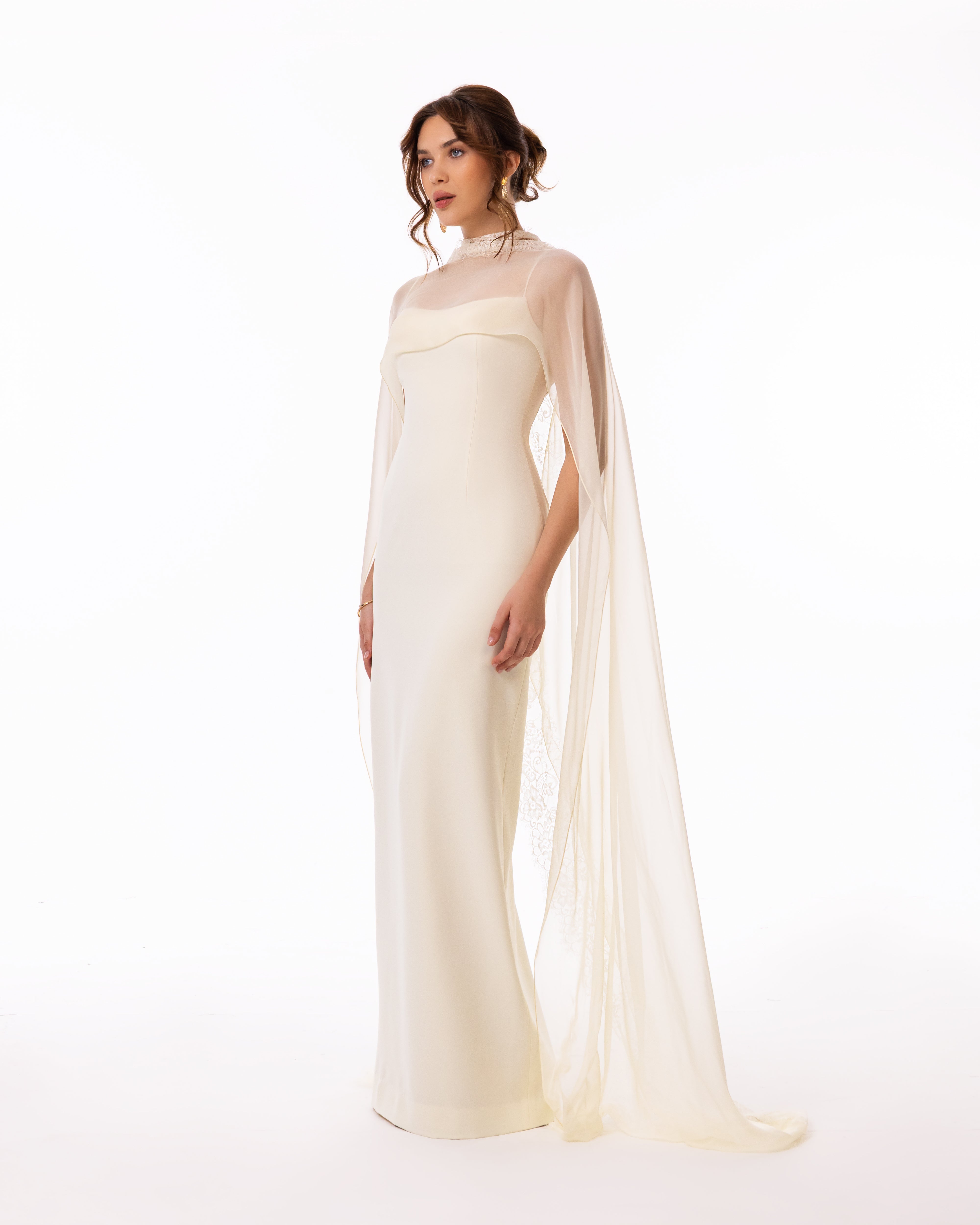 Ivory Cape Column Evening Gown