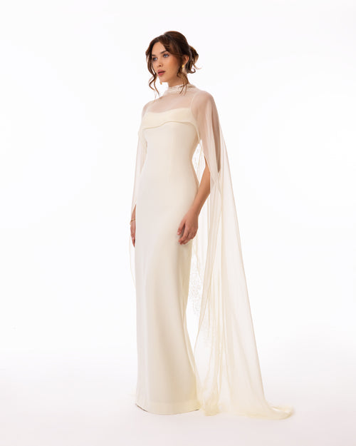 Ivory Cape Column Evening Gown