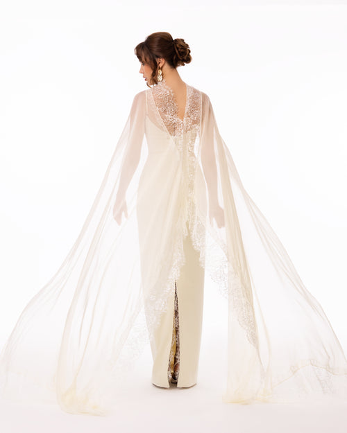 Ivory Cape Column Evening Gown