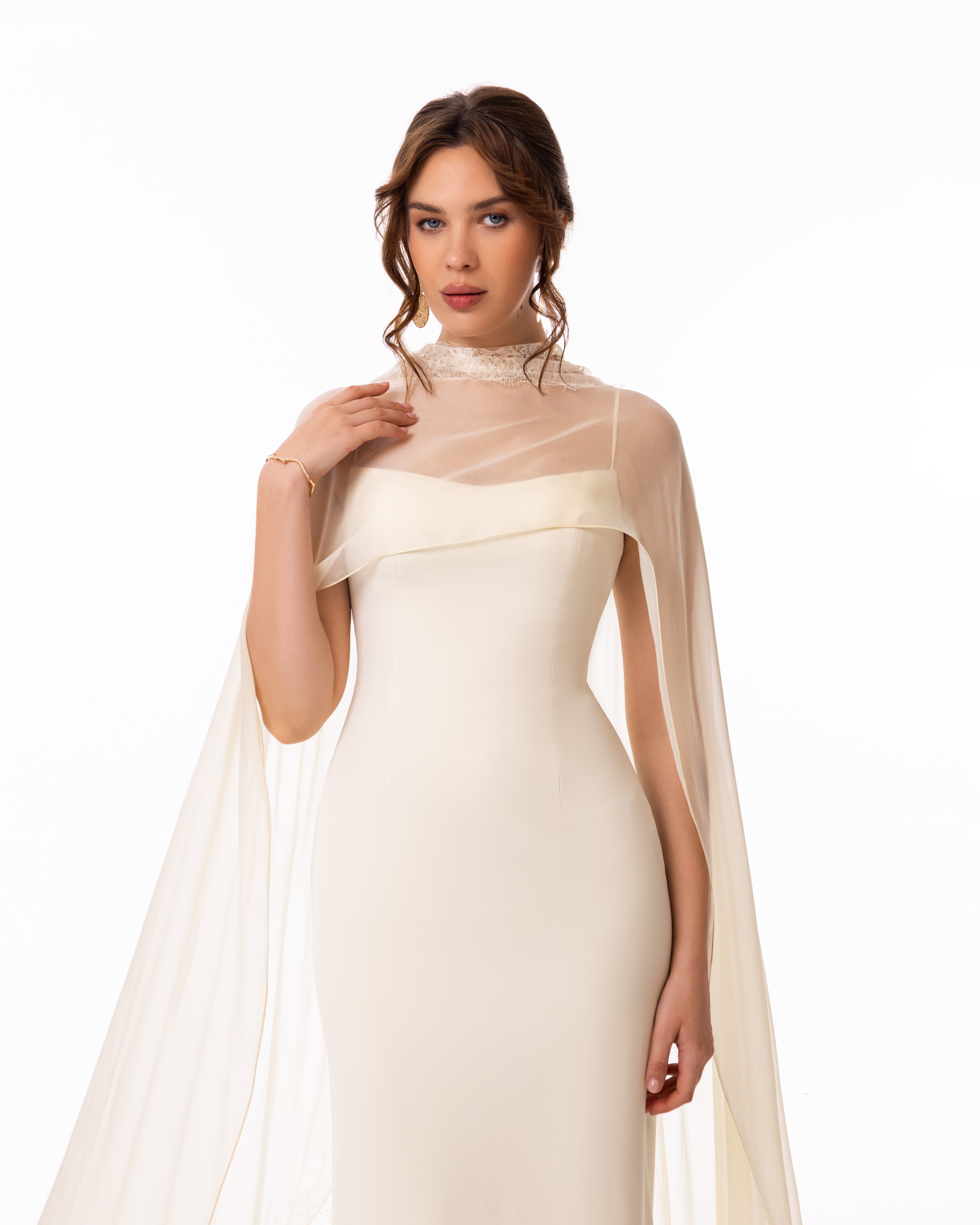 Ivory Cape Column Evening Gown