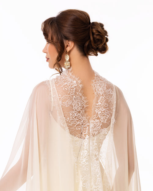 Ivory Cape Column Evening Gown