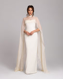 Ivory Cape Column Evening Gown