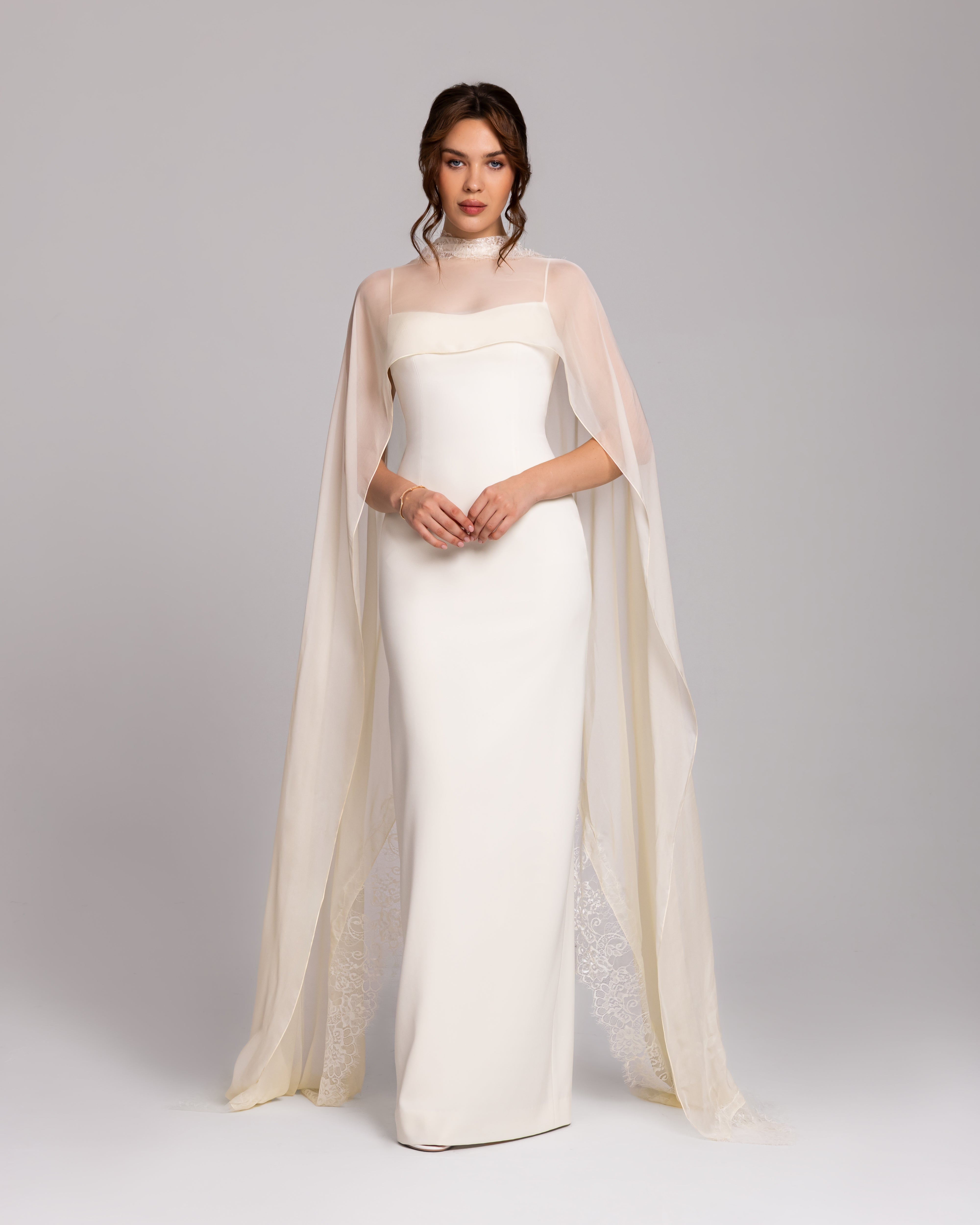 Ivory Cape Column Evening Gown