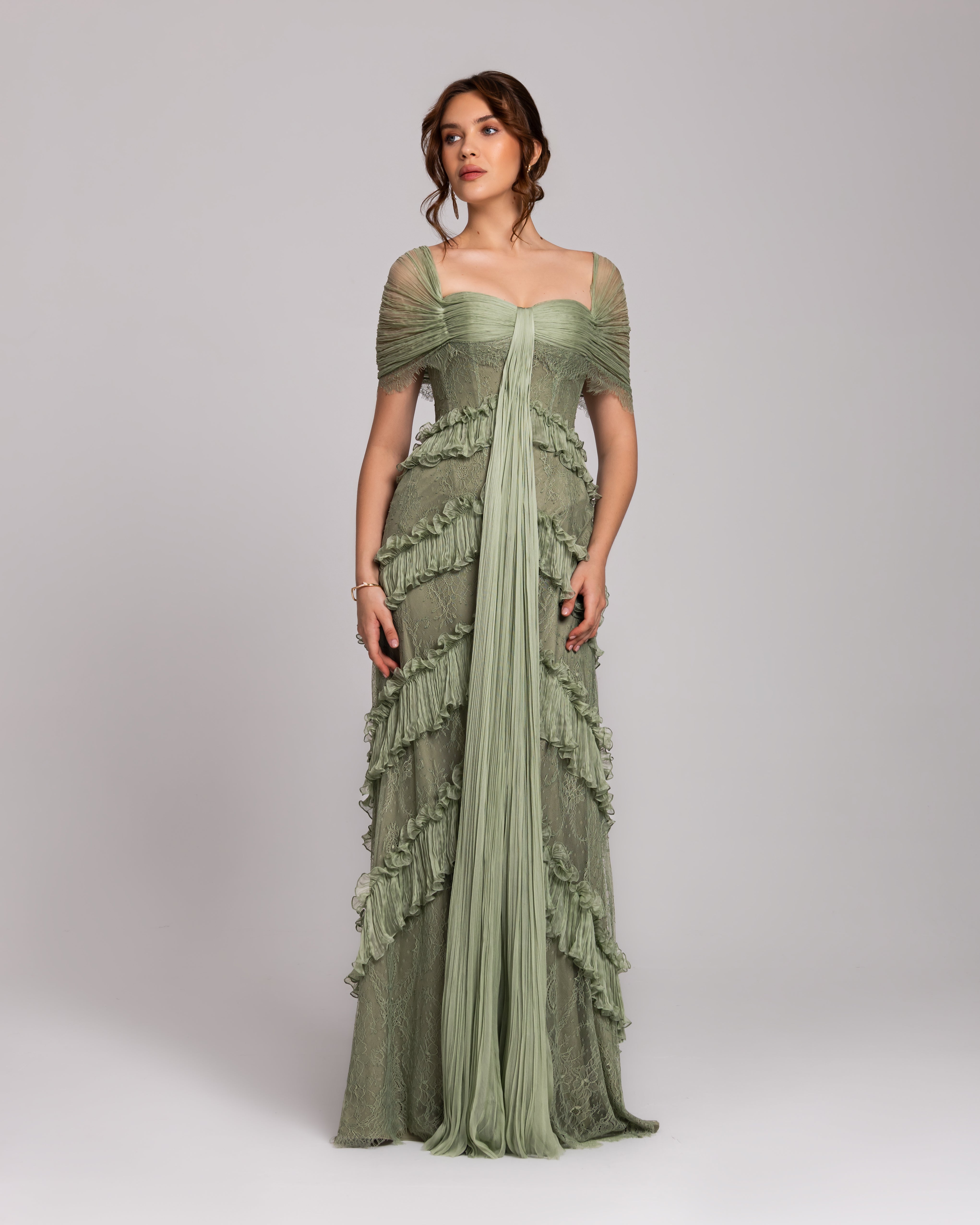 Sage Green Ruffle Lace Evening Gown