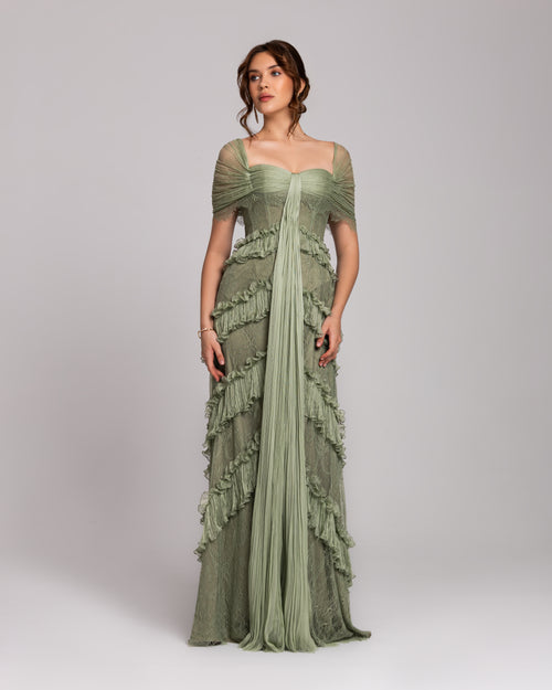 Sage Green Ruffle Lace Evening Gown