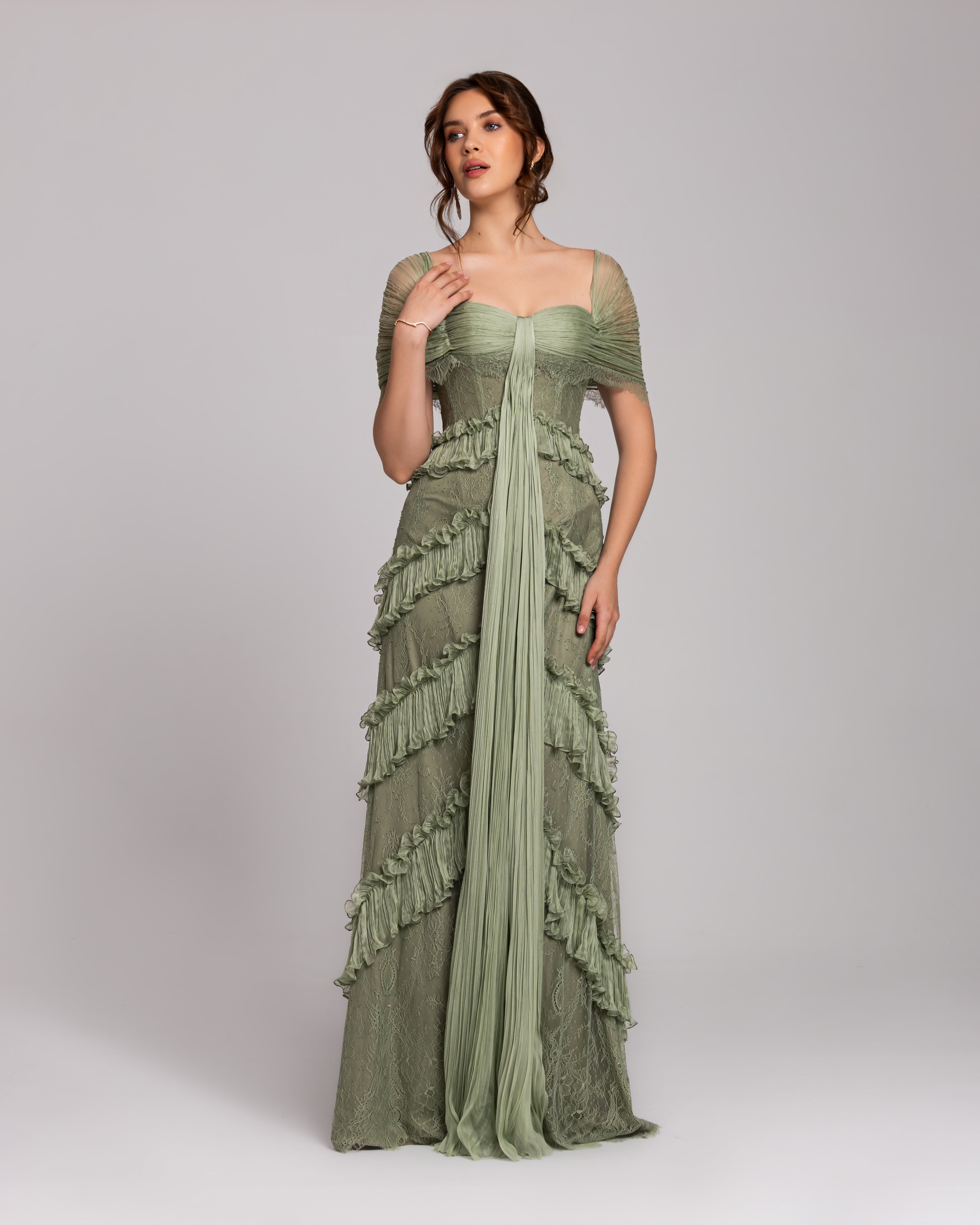 Sage Green Ruffle Lace Evening Gown