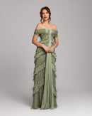 Sage Green Ruffle Lace Evening Gown