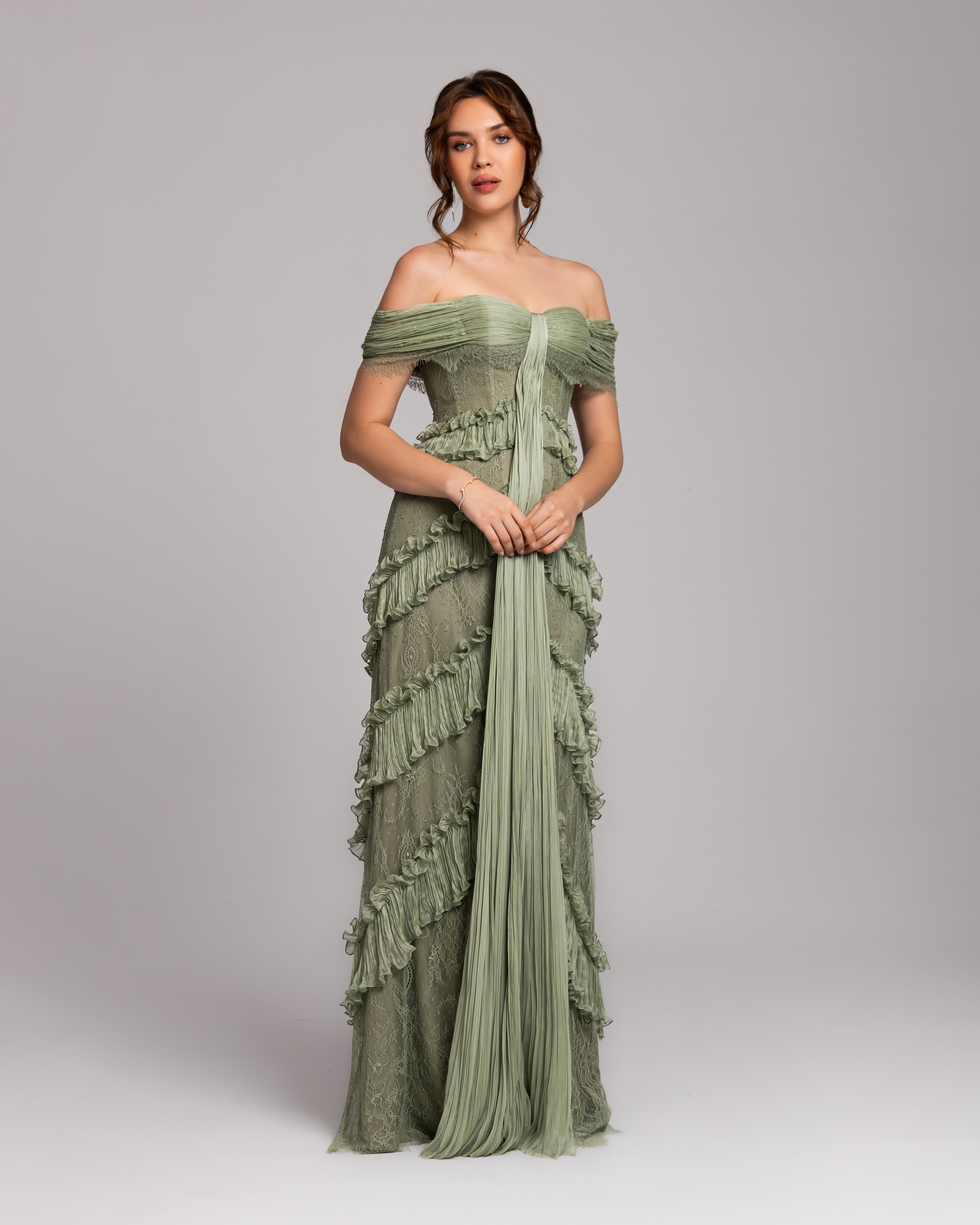 Sage Green Ruffle Lace Evening Gown