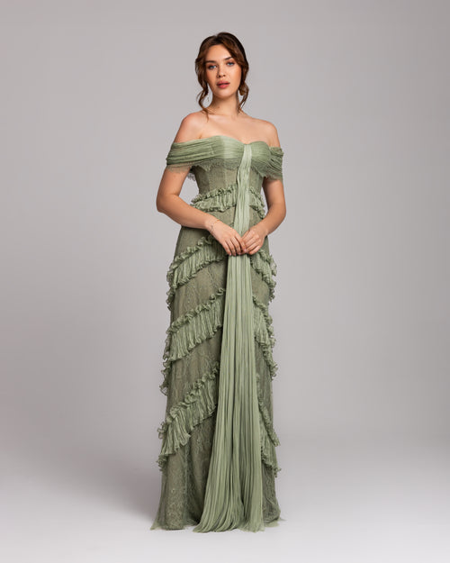 Sage Green Ruffle Lace Evening Gown