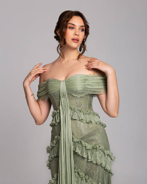 Sage Green Ruffle Lace Evening Gown