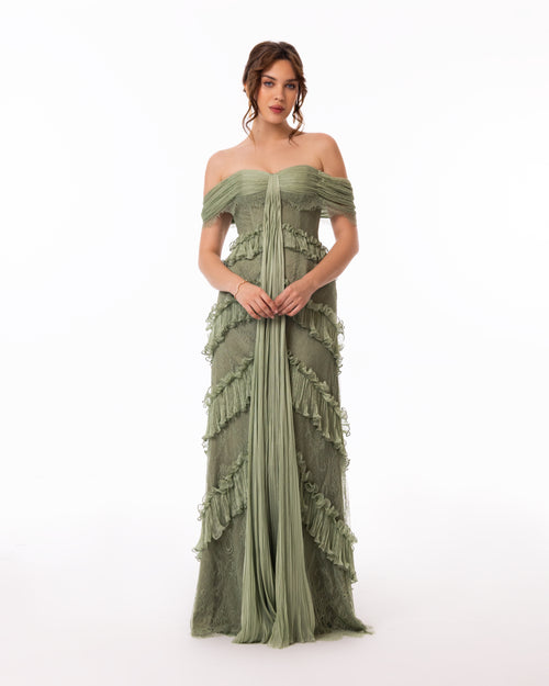 Sage Green Ruffle Lace Evening Gown