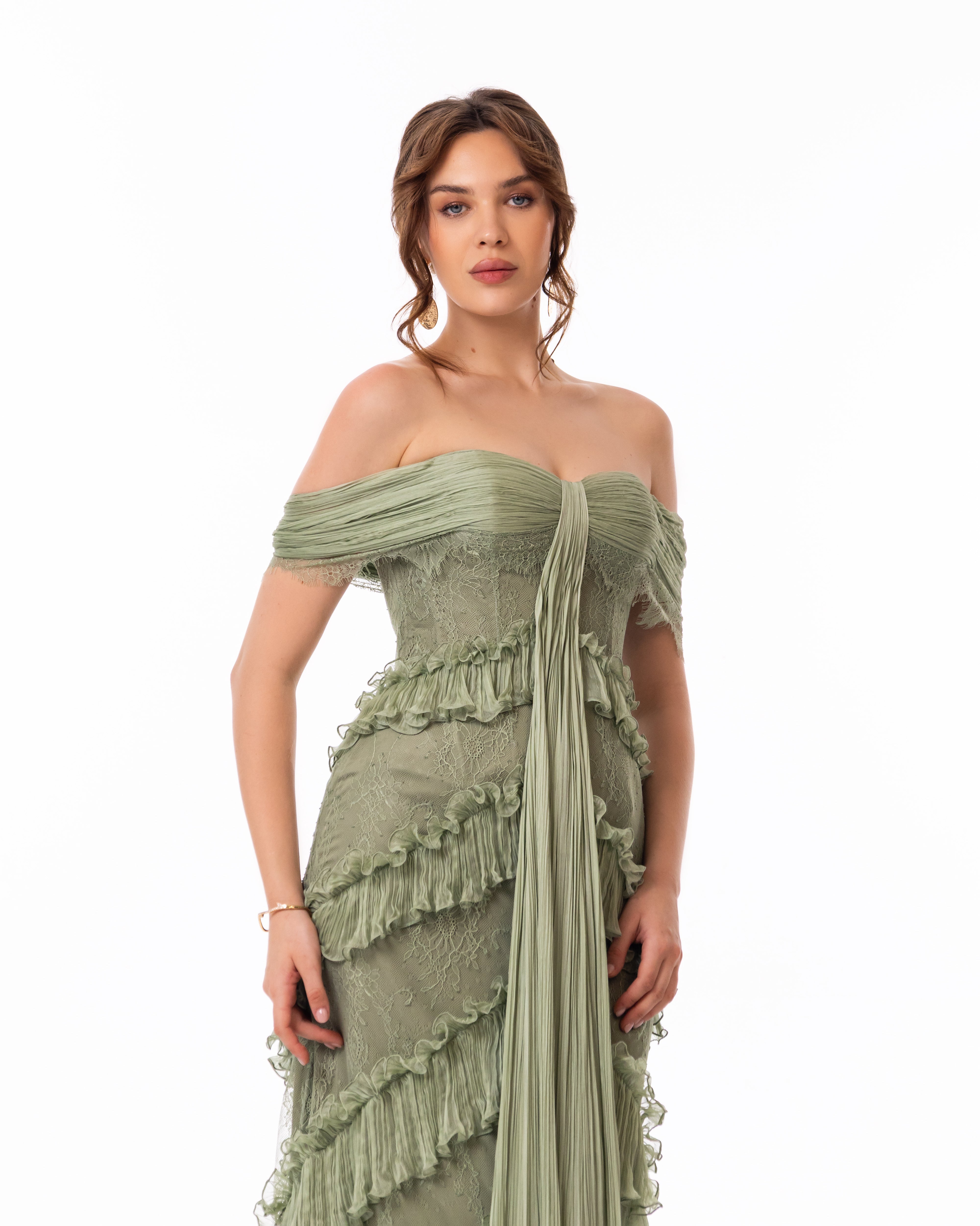 Sage Green Ruffle Lace Evening Gown