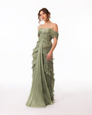 Sage Green Ruffle Lace Evening Gown