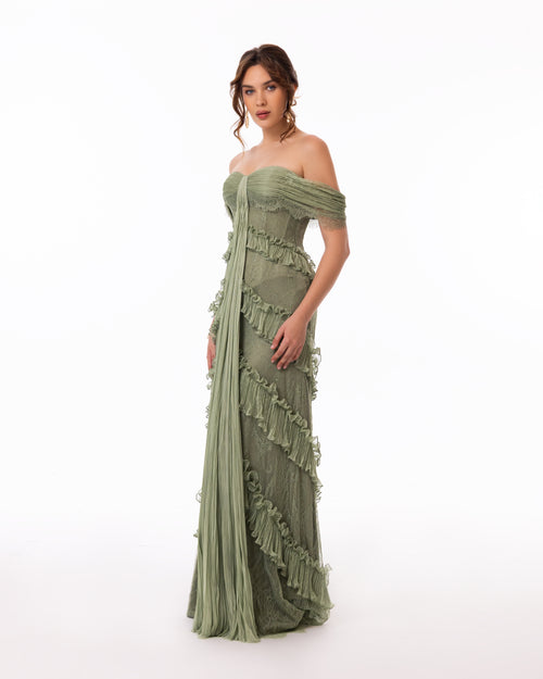 Sage Green Ruffle Lace Evening Gown