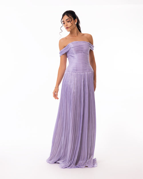Lavender Off-Shoulder Pleated Evening Gown