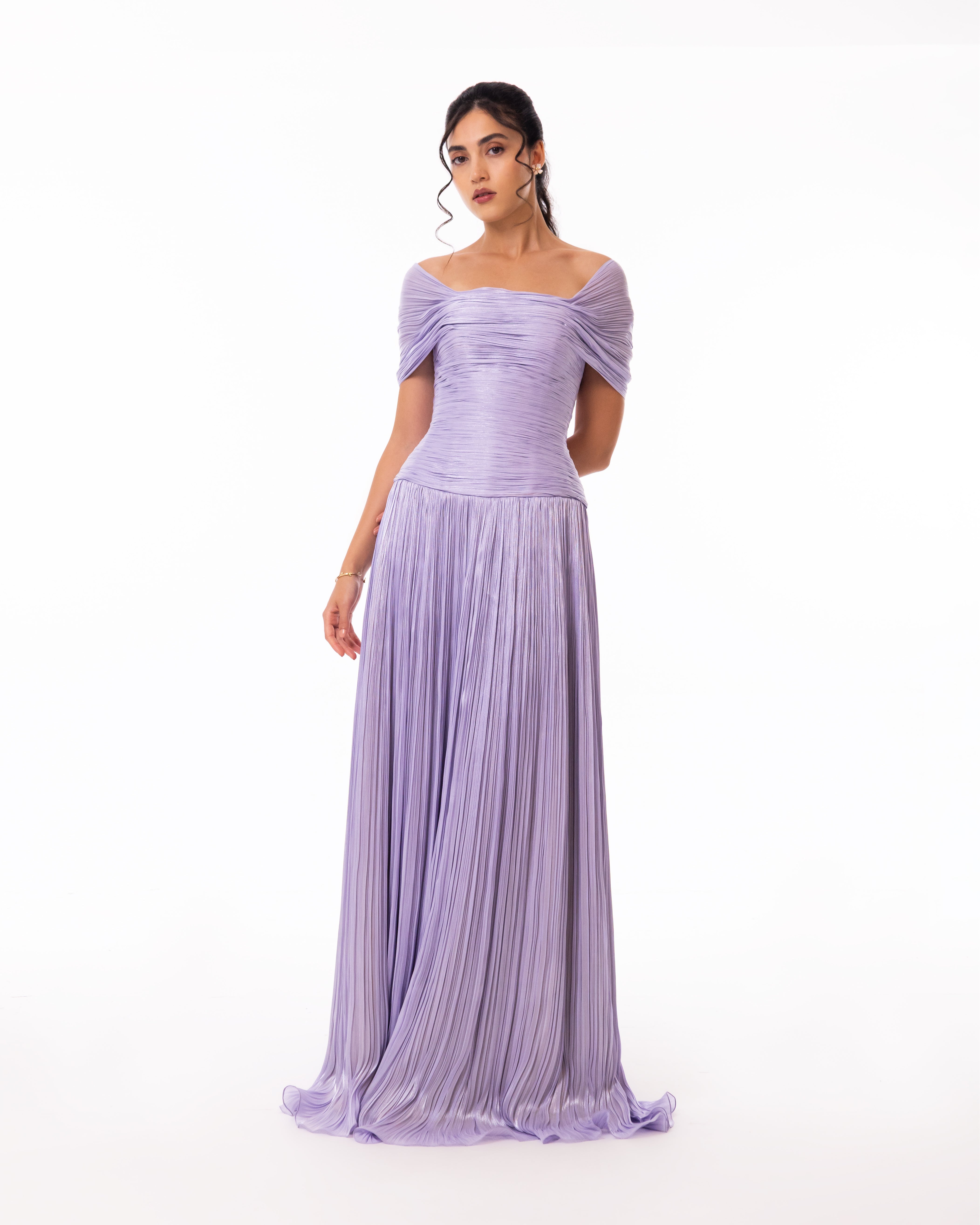 Lavender Off-Shoulder Pleated Evening Gown