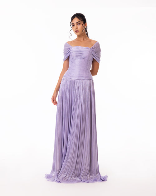 Lavender Off-Shoulder Pleated Evening Gown