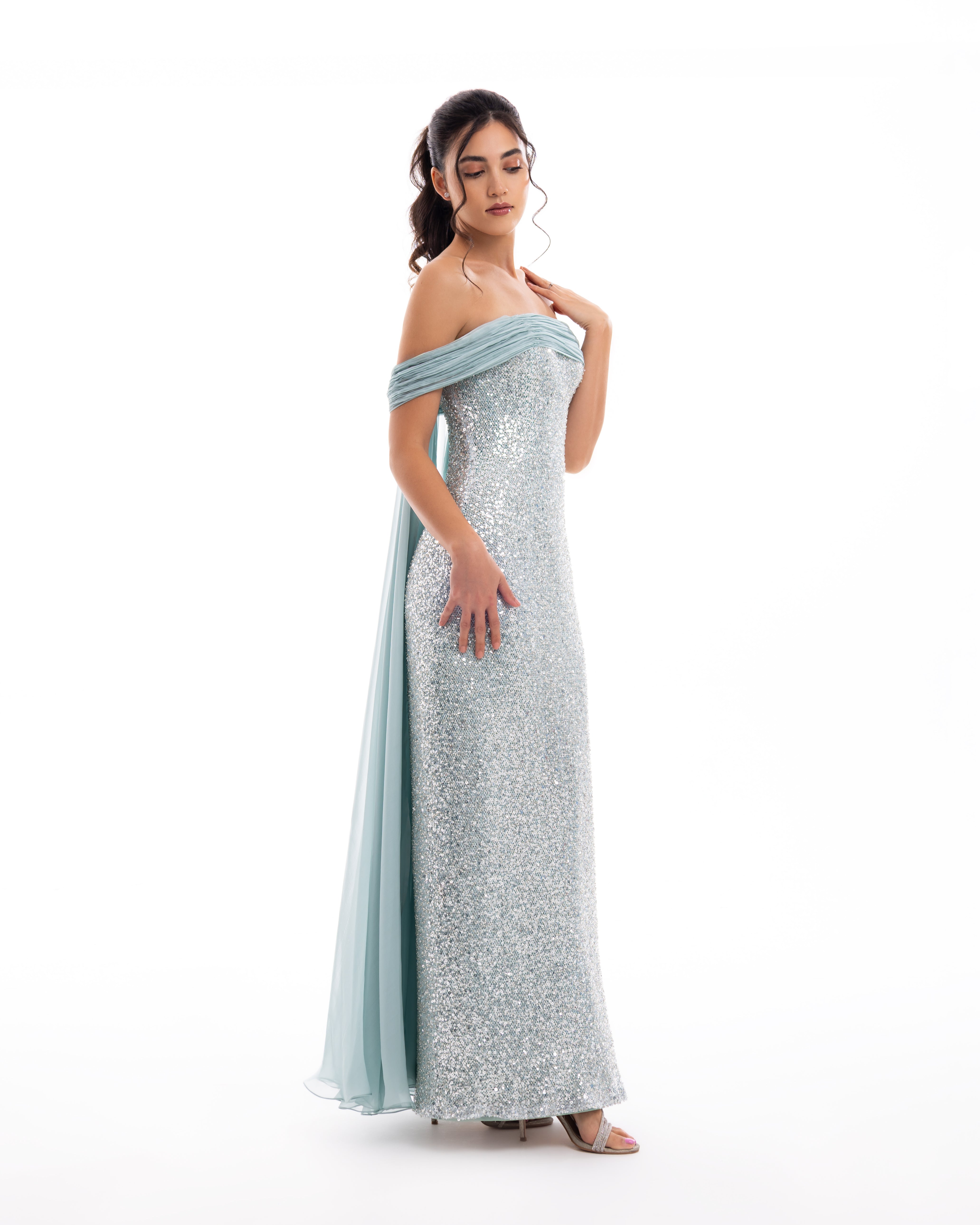 Crystal Mist Off-Shoulder Gown