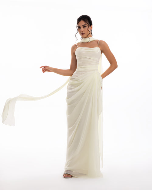 Pearl Ivory Chiffon Draped Gown