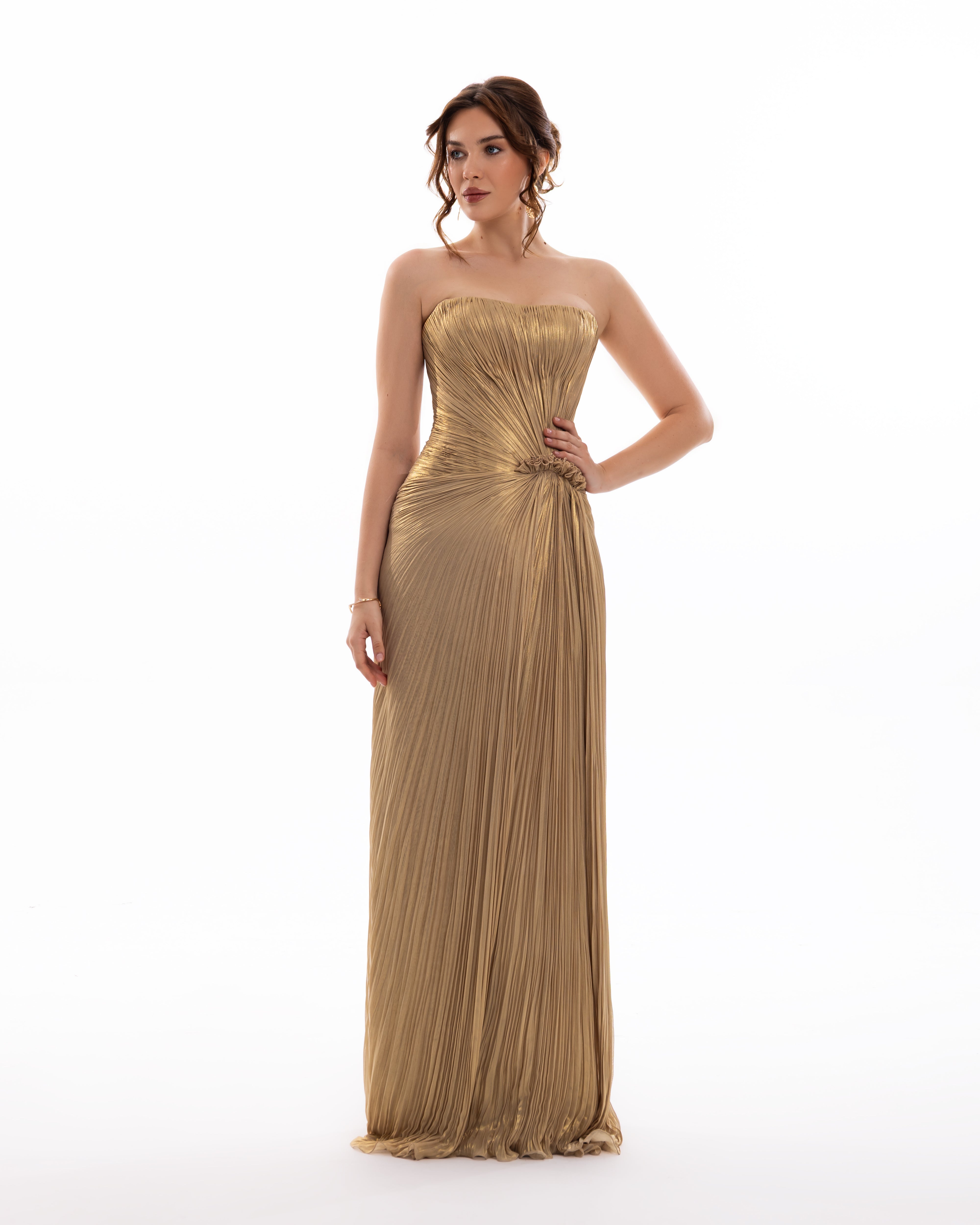 Golden Muse Strapless Pleated Gown