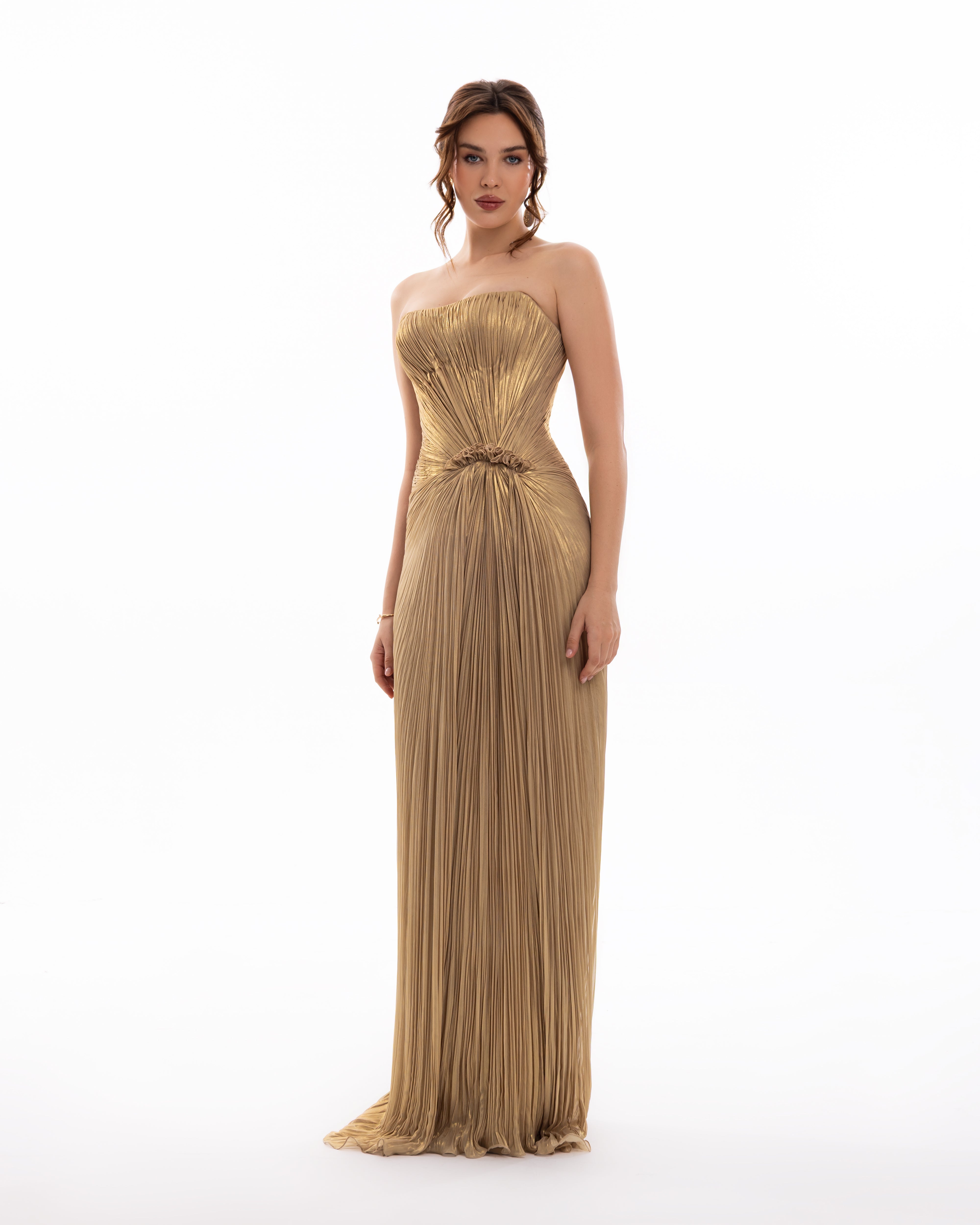 Golden Muse Strapless Pleated Gown
