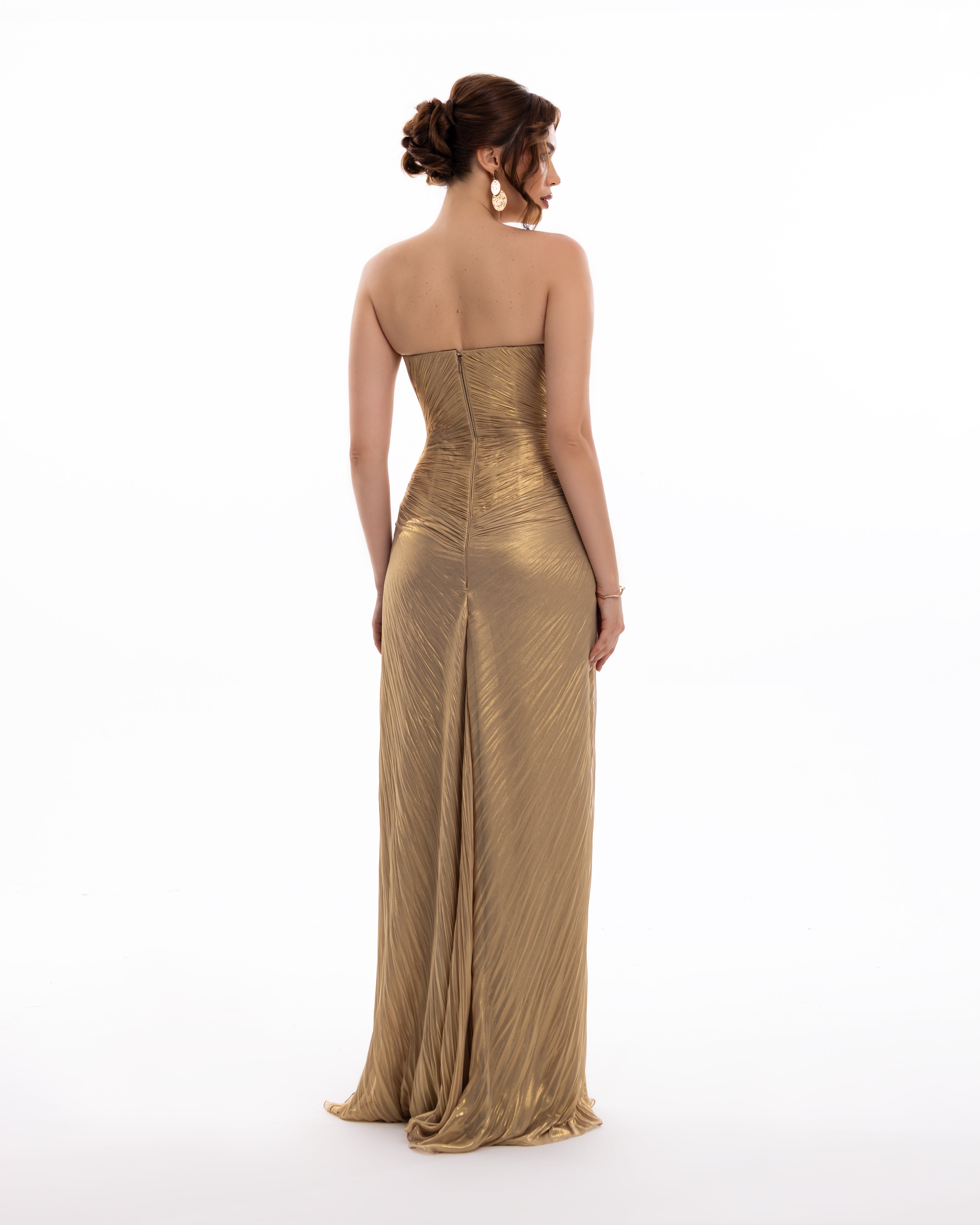 Golden Muse Strapless Pleated Gown