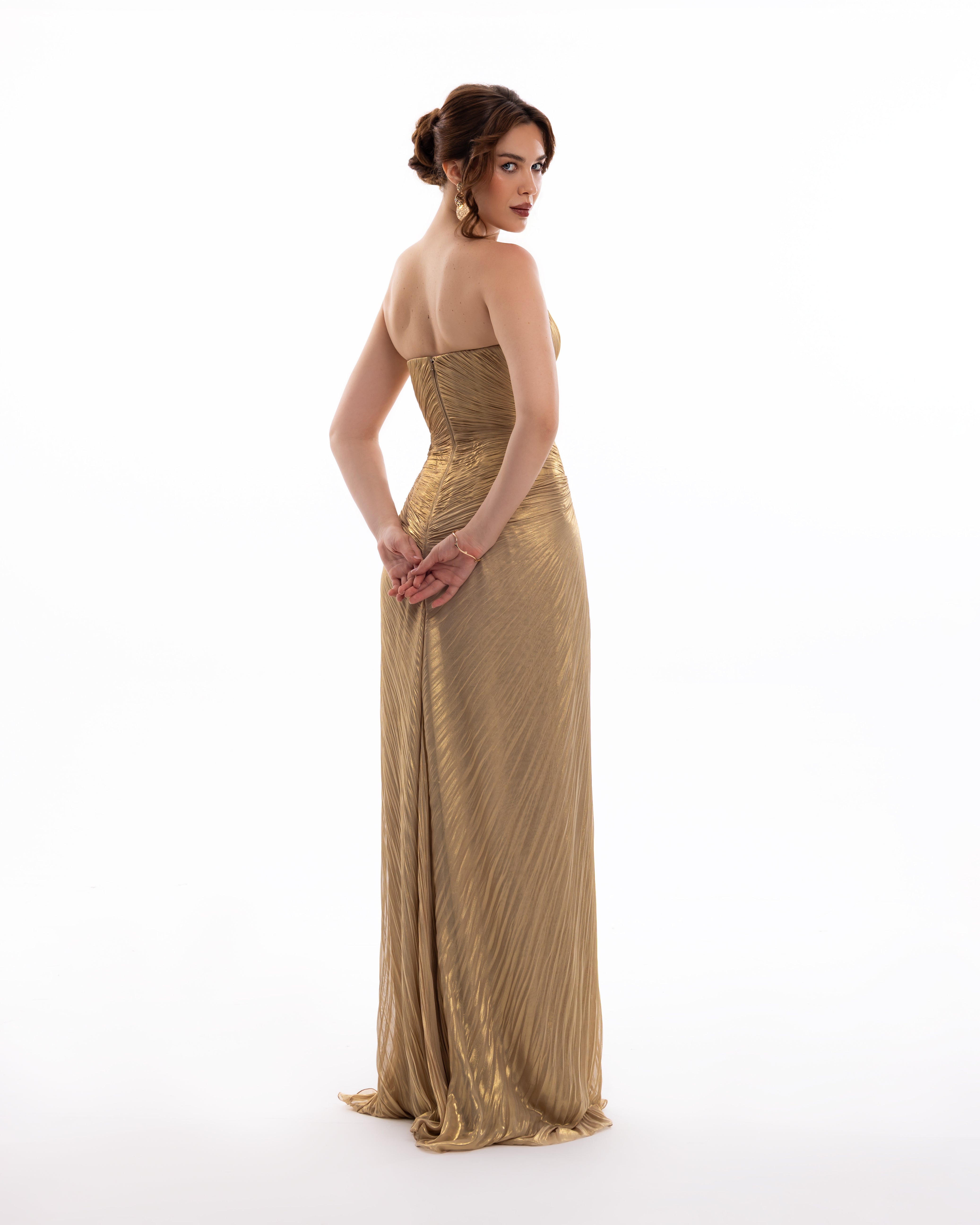 Golden Muse Strapless Pleated Gown