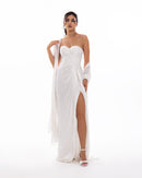 Pearl White Pleated Draped Evening Gown