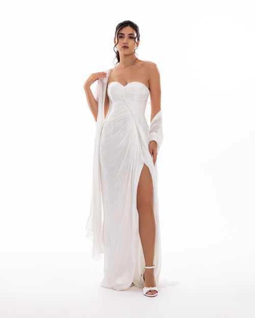 Pearl White Pleated Draped Evening Gown