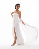 Pearl White Pleated Draped Evening Gown