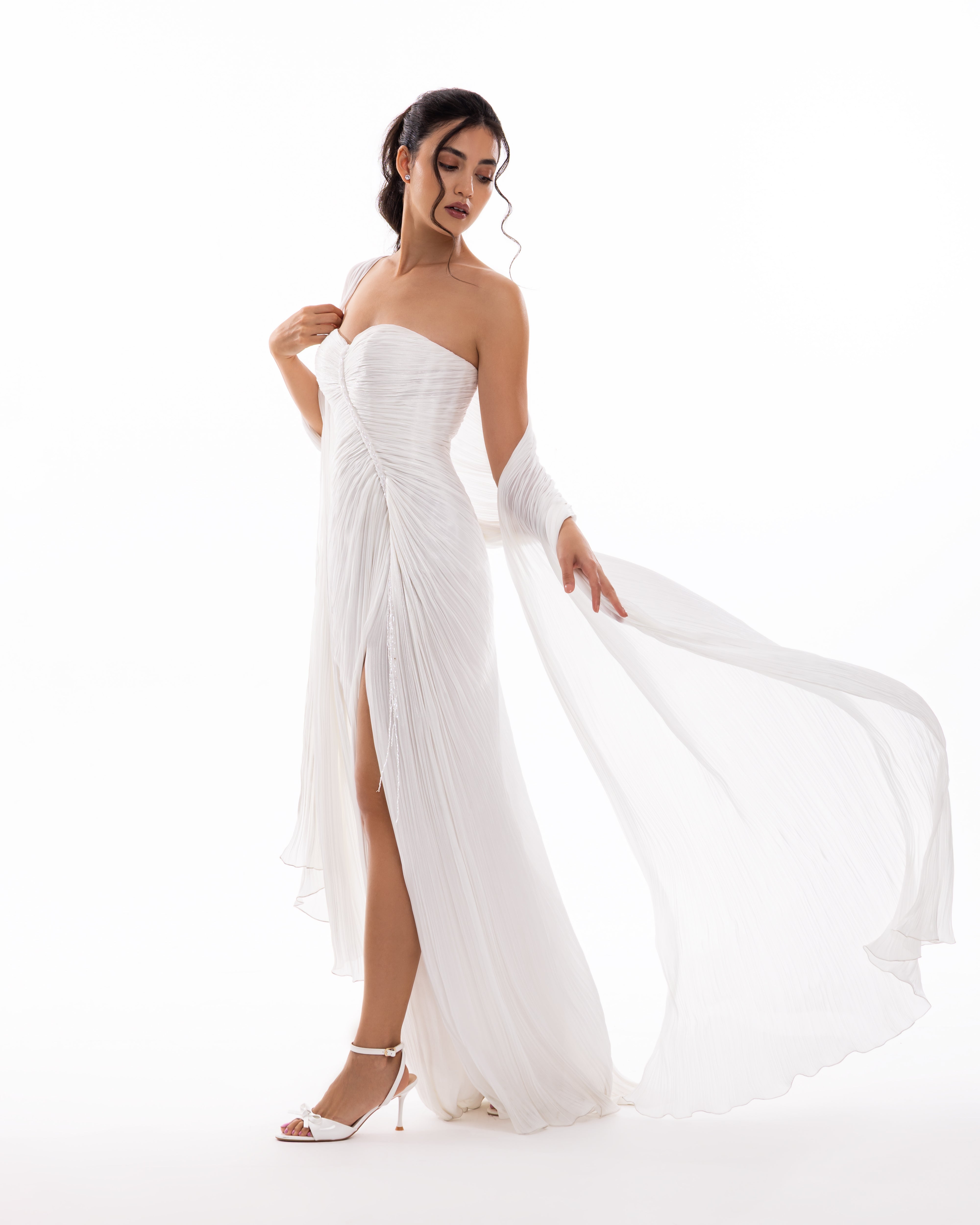 Pearl White Pleated Draped Evening Gown