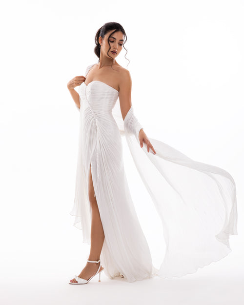 Pearl White Pleated Draped Evening Gown
