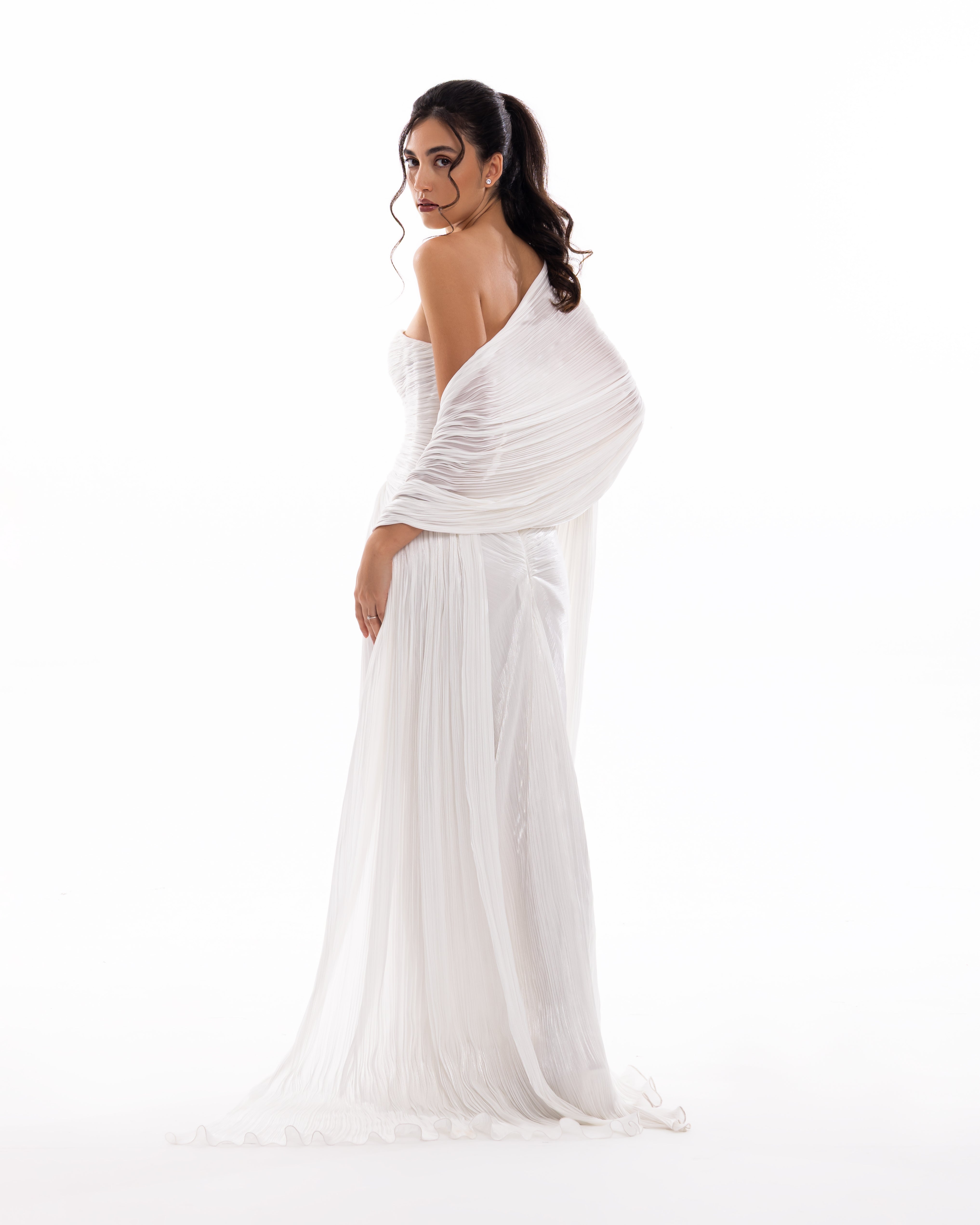 Pearl White Pleated Draped Evening Gown