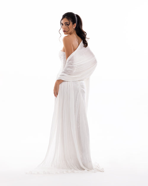 Pearl White Pleated Draped Evening Gown