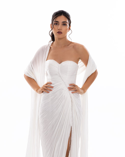 Pearl White Pleated Draped Evening Gown