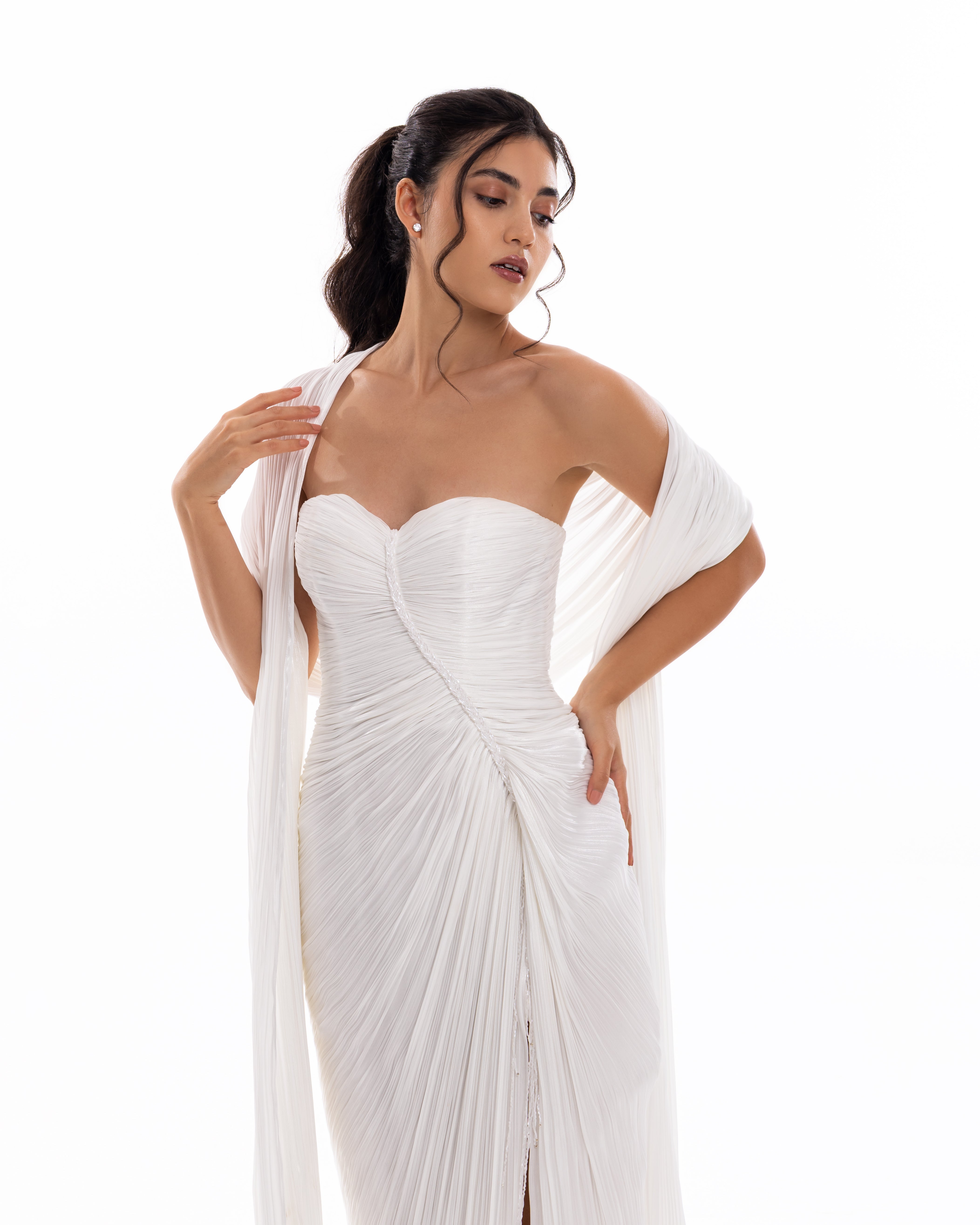 Pearl White Pleated Draped Evening Gown