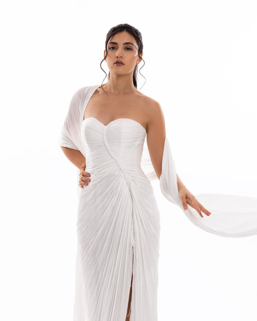 Pearl White Pleated Draped Evening Gown