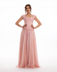 Blush Peach Embellished Chiffon Evening Gown
