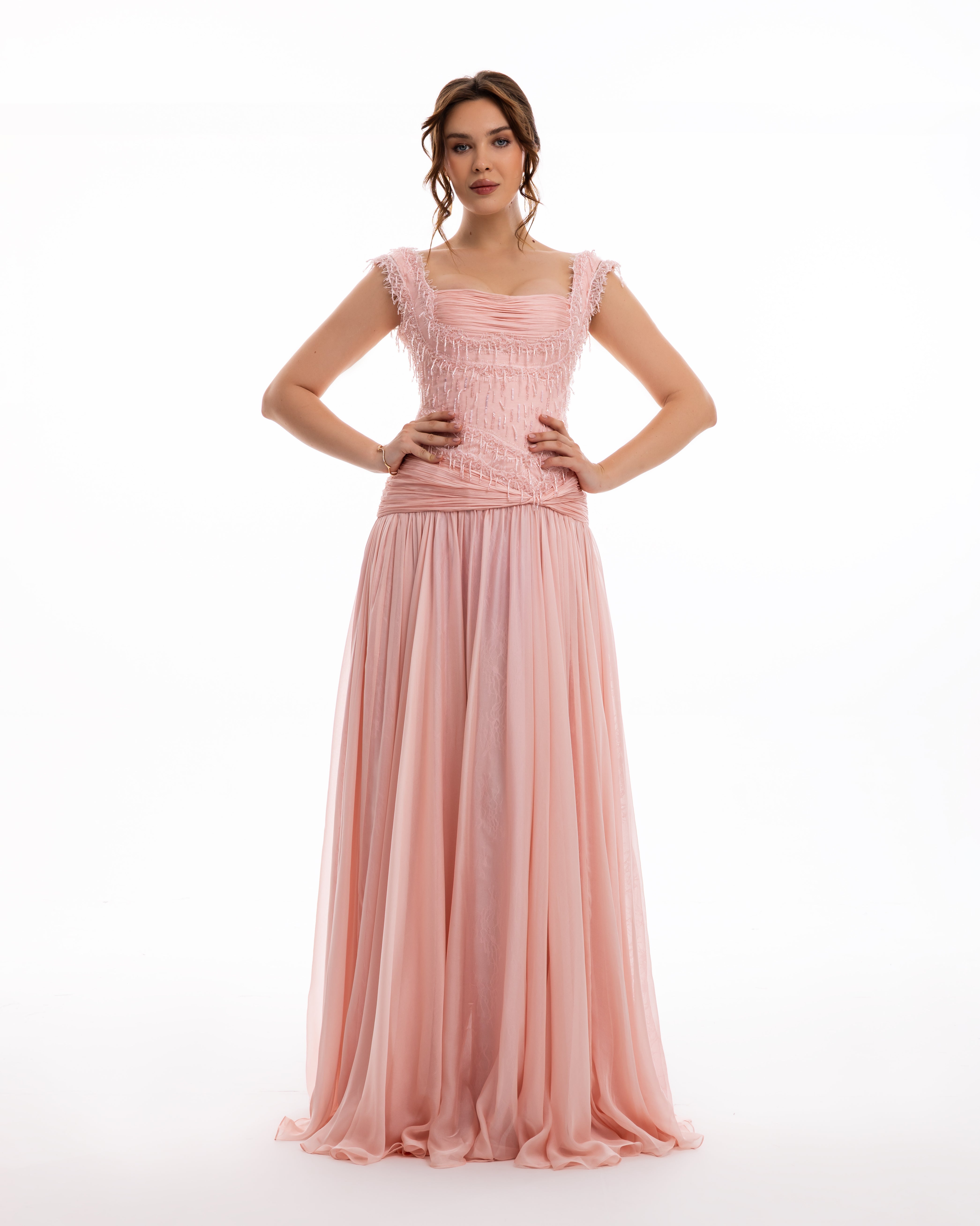 Blush Peach Embellished Chiffon Evening Gown