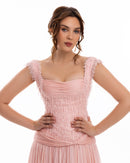 Blush Peach Embellished Chiffon Evening Gown
