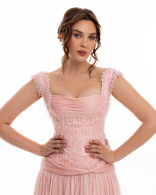 Blush Peach Embellished Chiffon Evening Gown